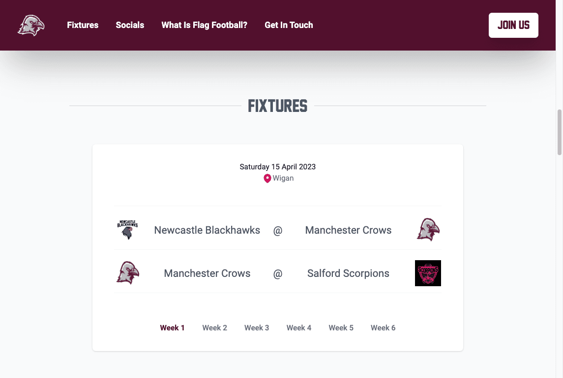 Fixtures are pulled in from Contentful, using GraphQL and displayed using TailwindCSS